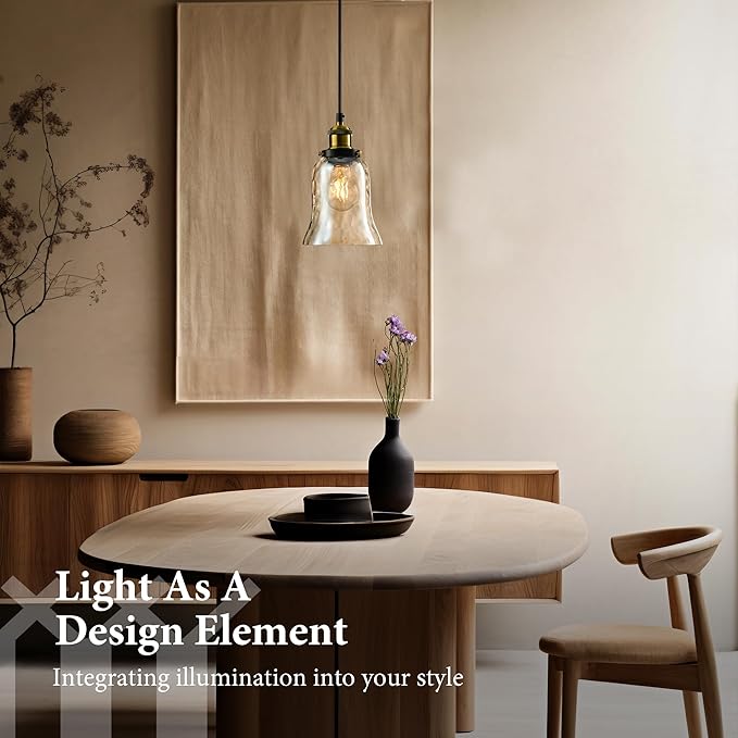 Modern Glass Pendant Light, 5.5"x6.3" Amber Ribbed Globe Light Fixture with Gold Cap, 15"-72" Adjustable Cord, E26 Socket for Dining or Lounge Areas – Sunrise Glow Trumpet