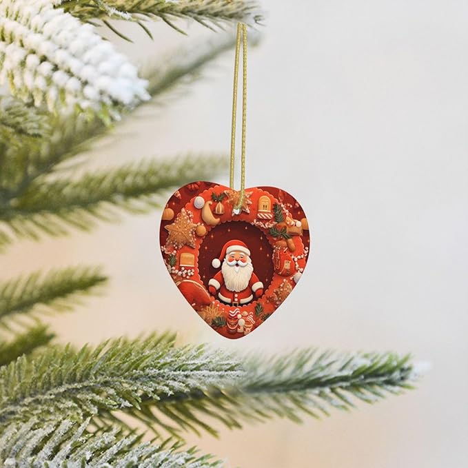 Christmas Wreath Santa Claus Cookies Christmas Ornaments, Christmas Decorations Xmas Tree Hanging Ornaments, Heart-Shaped Ceramic Festive Keepsake Gift for Christmas Decorations Holiday Home Party