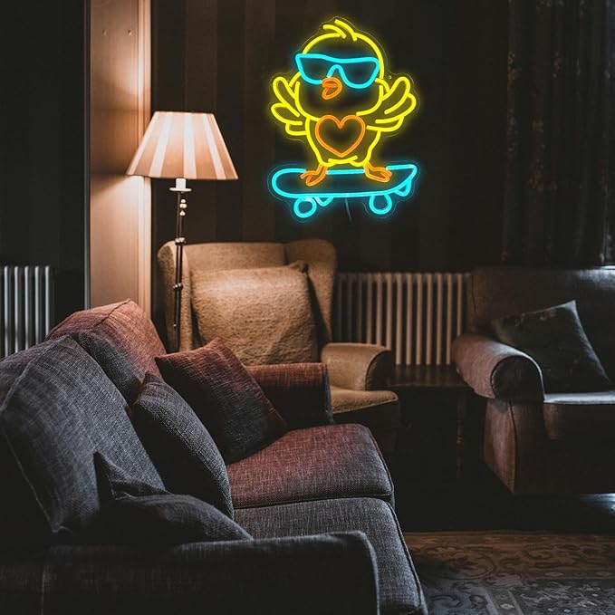 Skateboard Chick Neon Sign Dancing Chicken LED Neon Light for Wall Decor Dimmable USB Light Up Chick Sign for Bedroom Kids Room Birthday Gifts for Boy Girl (16.5”*12.6”)