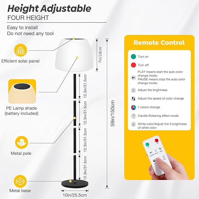 Outdoor Floor Lamp Solar Outdoor Lamps for Patio Waterproof Shower Lamp,LED Cordless Floor Lamp with Light Sensor,Rechargeable Dimmable Floor Lamp Warm White+RGB Solar Lamp for for Garden