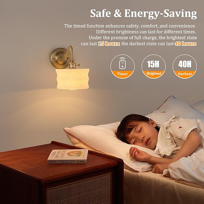 Battery Operated Wall Sconce Set of 2, Vintage Rechargeable Wall Lights with White Ripple Glass Shade, Wireless Indoor Wall Lamp for Bedroom Living Room Bathroom