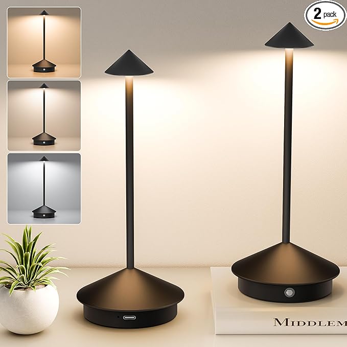 2 Pack Cordless Table Lamp, 6000mAh Rechargeable Battery Operated Desk Lamp, Portable Table Light,3 Color Stepless Dimming Up,for Restaurant, Bedroom, Patio，Outdoor Camping, Coffee Shop, Night Light