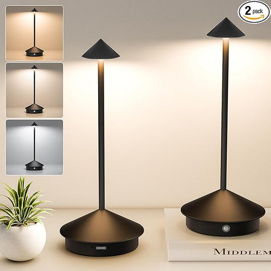 2 Pack Cordless Table Lamp, 6000mAh Rechargeable Battery Operated Desk Lamp, Portable Table Light,3 Color Stepless Dimming Up,for Restaurant, Bedroom, Patio，Outdoor Camping, Coffee Shop, Night Light