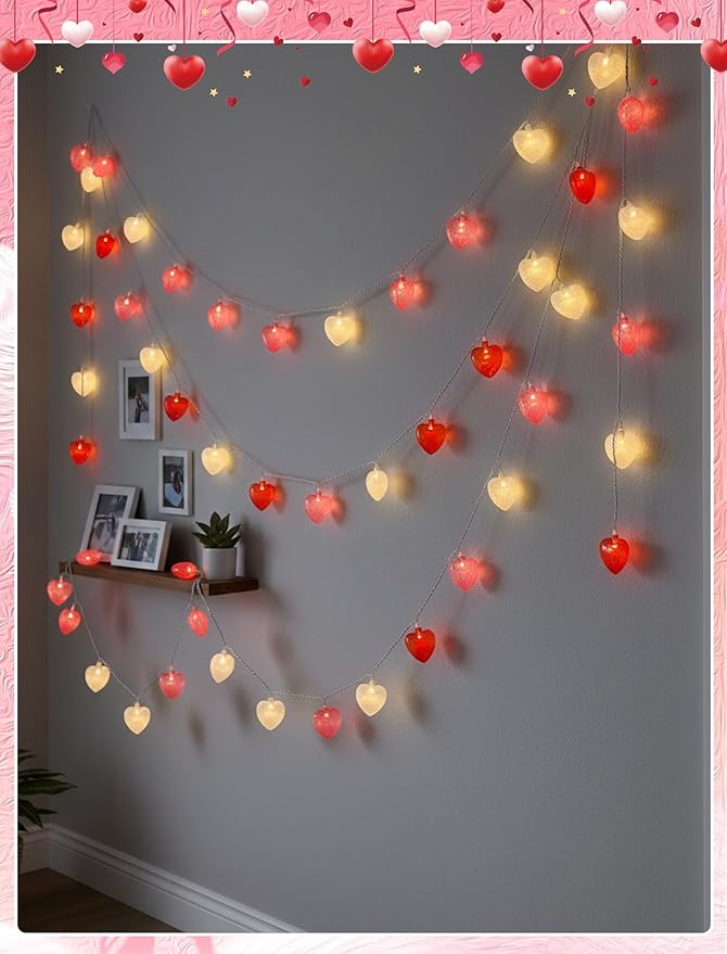 8.5ft Valentine’s Day Heart String Lights Plug in, Valentines Lights with 10 LED Red Pink White Shatterproof Bulbs, Fairy Lights for Indoor Outdoor Home Decor Wedding Party Birthday, Warm White