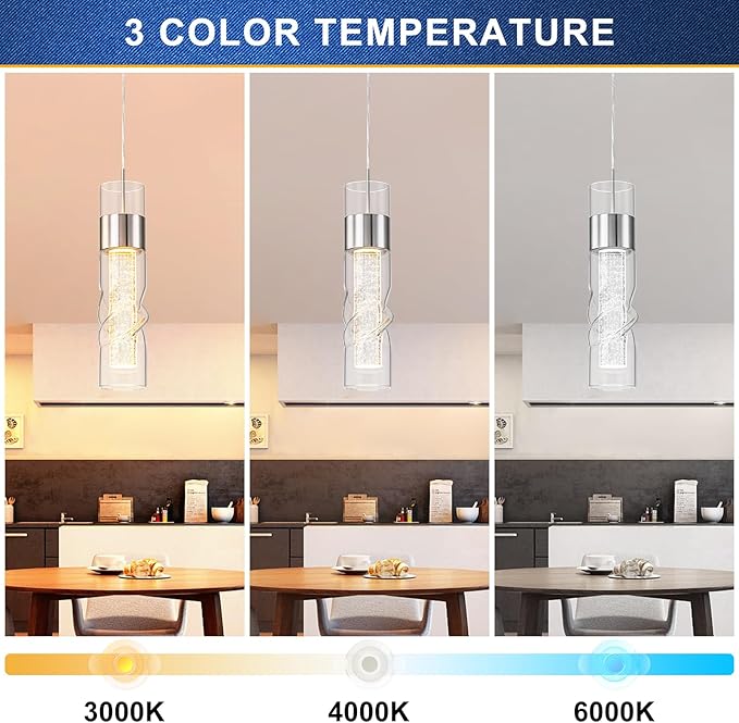 WILON Led Kitchen Island Ceiling Light, 9W Crystal Hanging Lights with Threaded Clear Glass, Adjustable Modern Pendant Light Led Kitchen Light Fixtures for Dining Room Bedroom(1 Pack)