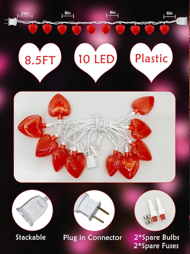 SUNSGNE 8.5Ft Red Heart String Lights, Valentines Lights with 10 LED Red Heart Bulbs for Valentine Mother's Day Wedding Anniversary Party Christmas Decor