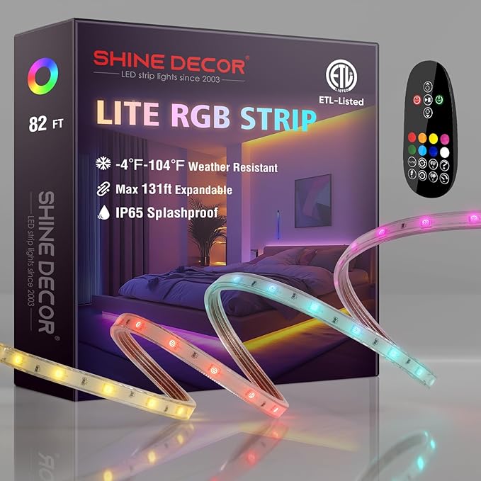 Shine Decor 120V RGB LED Strip Light Remote Control, Cold Resistant IP65 Waterproof Outdoor Strip Lighting Color Changing, Connectable Lite Multicolor Lighting Strip 7x13mm,82 FT 750 LEDs ETL Listed
