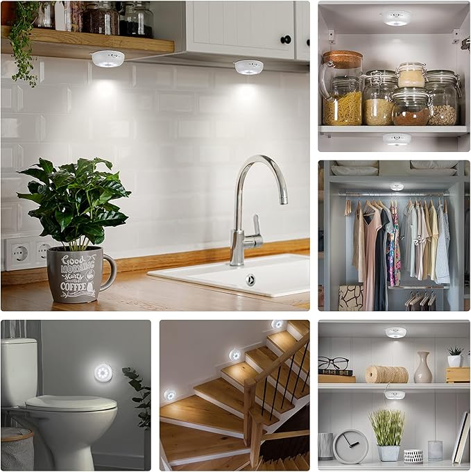 BLS Motion Sensor Light Indoor, LED Night Light Closet Lights, Under Cabinet Battery Powered Ceiling Lights, AA Battery Operated Stick on Wireless Puck Lights for Wall, Step, Stair, Dimmable (3 Pack)
