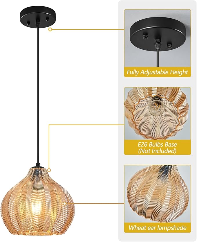 Amber Glass Pendant Lights Kitchen Island 1 Light 10.43 in Glass Globe Pendant Light Fixture Adjustable Modern Farmhouse Pendant Lighting for Bedroom Dining Room (1 Pack)