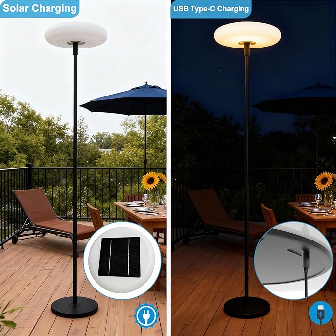 Lightdot Solar Outdoor Floor Lamp for Patio, Waterproof USB Rechargeable Cordless Floor Lamp with 3 Brightness Modes,Height Adjustable(Max 74IN),Warm White 3000k Standing Solar Lights for Yard Garden