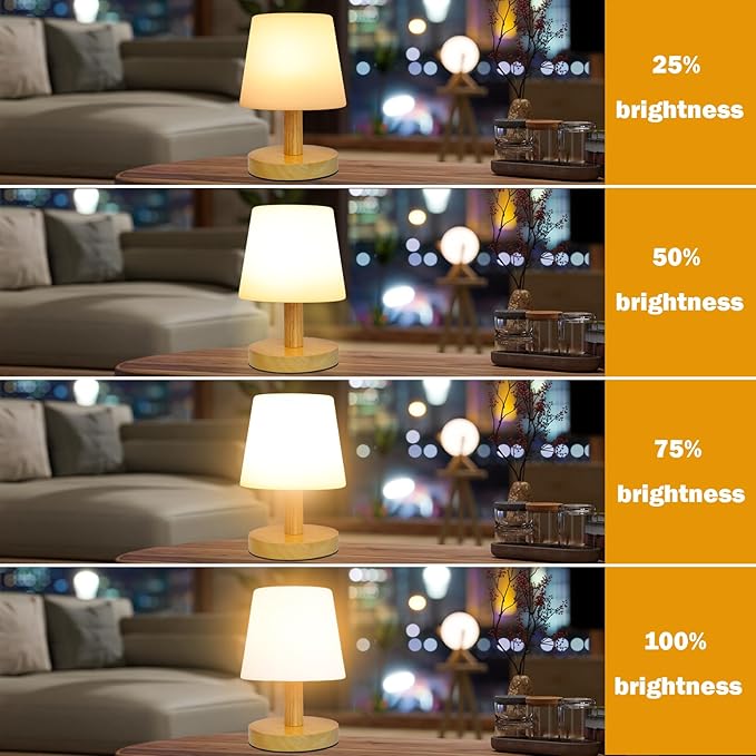 Wood Rechargeable Table Lamp Cordless, 9" Small 4000mAh Battery Table Lamps Cordless 3 Brightness Lamp, Small Cute Portable Bedside Aesthetic Lamps, Night Lights for Kids Bedroom Home Cozy Decor