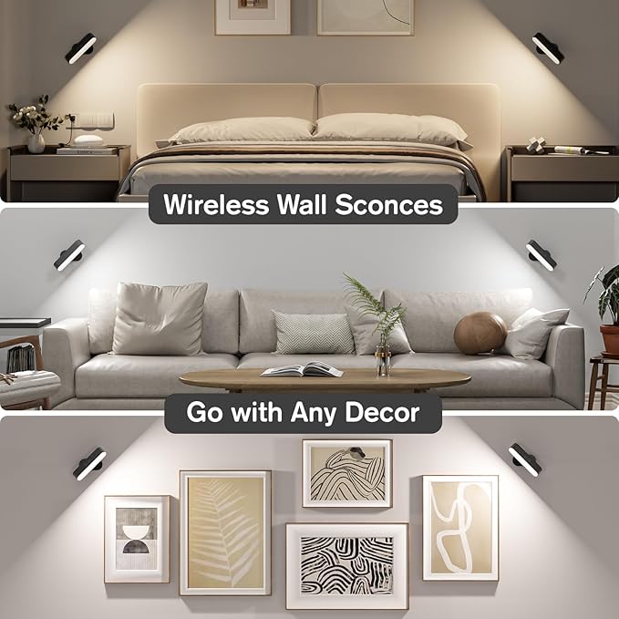 Wall Lights, Wireless Battery Operated Wall Sconces for Bedroom, LED Rechargeable Wall Sconce Set of Two for Living Room, Stick on Wall Mounted Lamp for Reading, 2 Pack