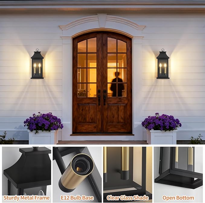 tewei 22'' Large Outdoor Wall Lights, Porch Light Outdoor Wall Sconce Lantern, 2-Light Black Exterior Lighting Fixture Wall Mount E12 Gold Base, Outside Light for House Backyard Garage, 2-Pack