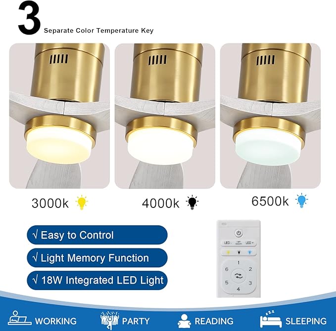 52" Flush Mount Ceiling Fans with Lights Remote Control,Dimmable LED, Indoor Outdoor for Bedroom,Patios Noiseless DC Motor,Golden Body