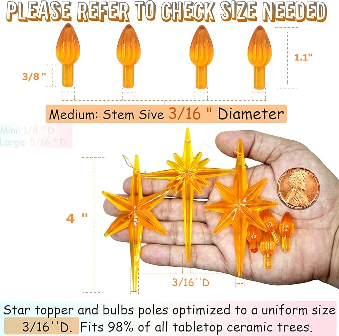 Ceramic Christmas Tree Replacement Lights Bulbs, Orange Medium Twist Plastics Pegs Ornaments for Ceramic Tree(87 Bulbs＆ 3 Topper Star)