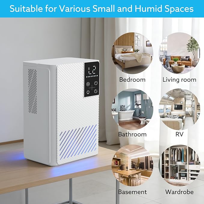 Dehumidifier 58W Compact Quiet Effective Double Cores for Home. 68OZ Water Tank, Sleep Mode, Auto Shut-Off, Delay-Off Timer, Night Light, for Bathroom Bedroom RV Camper Closet or any Small Space