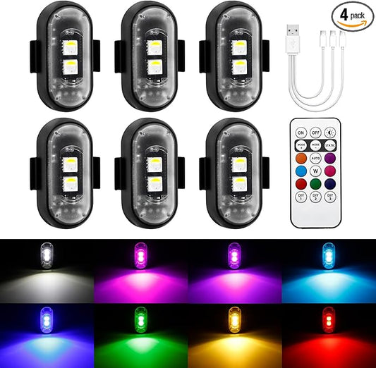PIFOOG 6PCS Wireless LED Strobe Lights with Remote Control Anti Collision Light RGB Magnetic Rechargeable Motorcycle Light for Cars Trucks Bike Scooter Night Driving Warning Flashing Strobes Lights