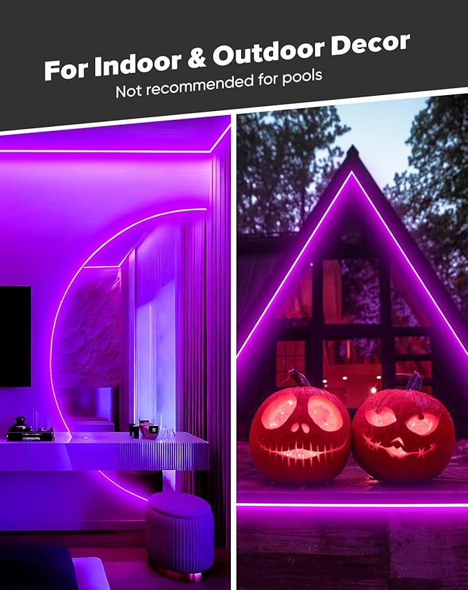 Shine Decor COB LED Rope Light AC 120V, 800lm Ultra Bright, IP65 Waterproof Cold-Resistant ETL Neon Strip, No Driver Tape Lighting for Home Commercial 10x4.5mm, Purple, 50ft