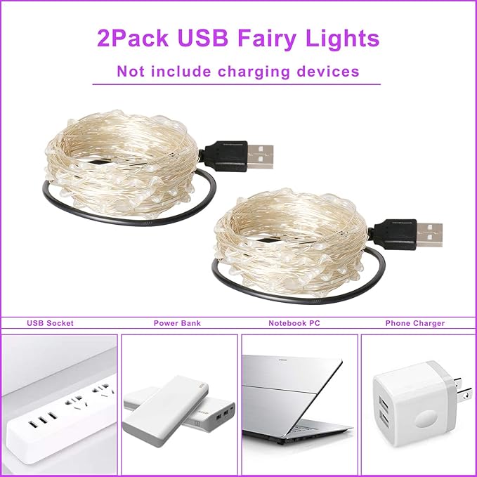 Blingstar USB Powered Fairy Lights, 2 Pack 33Ft 100 LED, Flexible Silver Wire, Mini String Lights for Christmas Tree/Halloween/Bedroom/Camping/Holiday Decoration, Purple