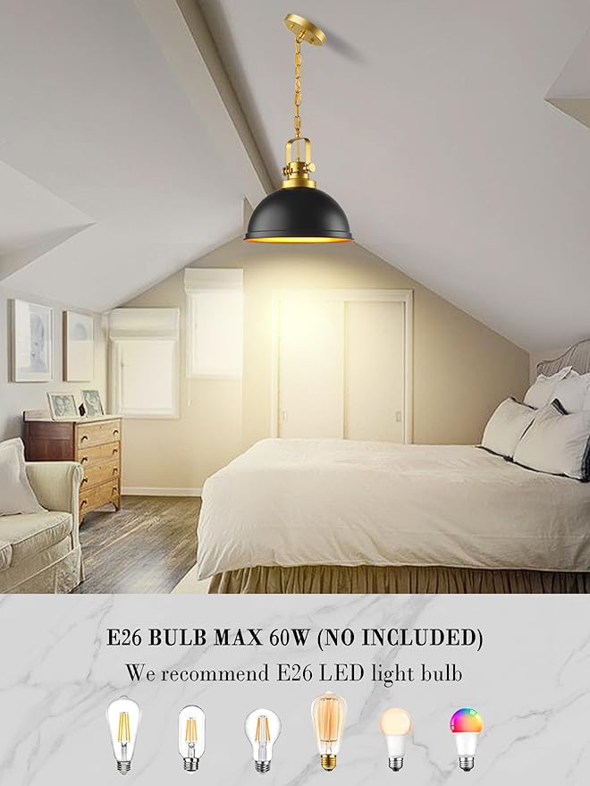 2-Pack Black Gold Pendant Lighting, Farmhouse Metal Pendant Lights Modern Matte Black Dome Industrial Light Fixture for Kitchen Island Restaurant Dining Room Hallway Entrance