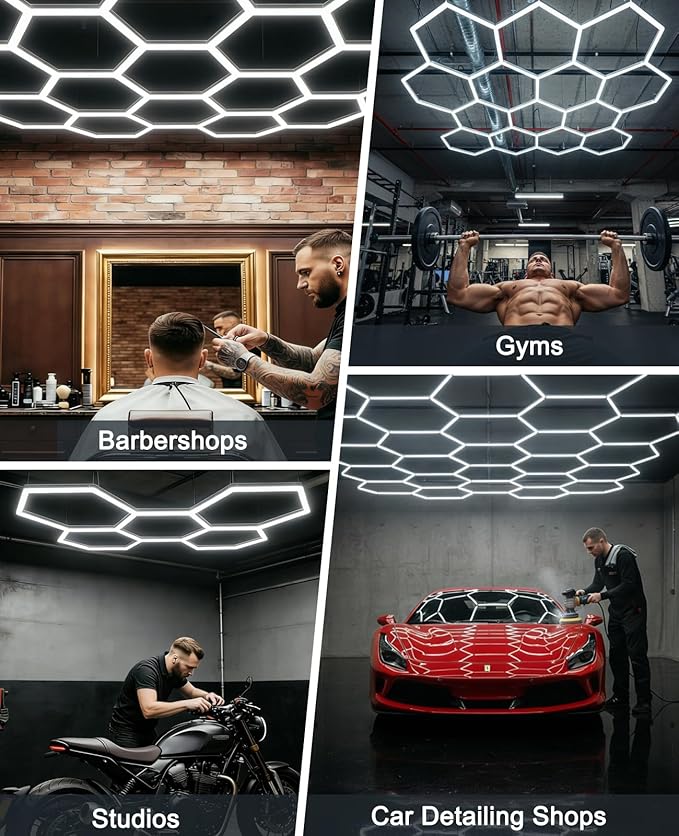 Hexagon led Lights: DIY Ceiling LED Light Hexagon Garage Lights 63070LM for Warehouse Workshop Barbershop Car Care Wash Room Auto Beauty Shop Gym Exhibition Hall 14 Grids without Rectangle Frame 6500K