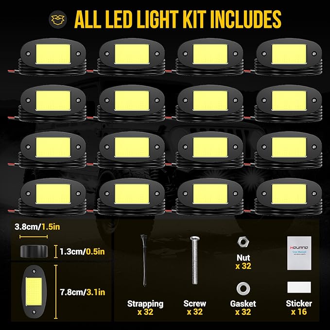 16 Pods COB White Rock Lights, 120 COB Chips 6500K Pure White Super Bright Neon Underglow, IP68 Waterproof Shockproof Off-Road Light Kit for Pickup Trucks, SUV, UTV, ATV, RZR, Cars Boats