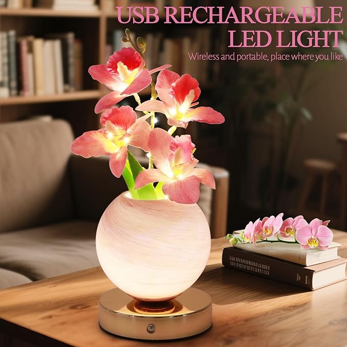 Flower Table Lamp, 3 Colors Orchid Night Light, Cordless Touch Dimming Artificial Flower with Vase Lamp, LED Bedside Night Light Romantic Gifts for Girl Women Mom (Pink Orchid)