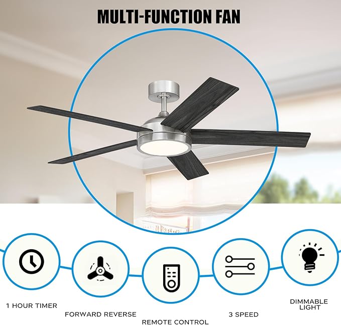 54 Inch Ceiling Fan with Light and Remote, Dimmable Modern Farmhouse Ceiling Fan for Living Room, Dining Room, 3 Speed, Reversible Motor, Brushed Nickel