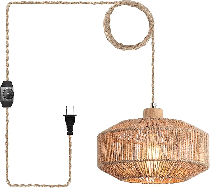Coastal Woven Plug in Pendant Light with 14ft Handmade Hemp Rope Light Cord, Dimmable Switch, Natural Basket Hanging Lamp for Bedroom Kitchen Island Decor Farmhouse Living Room