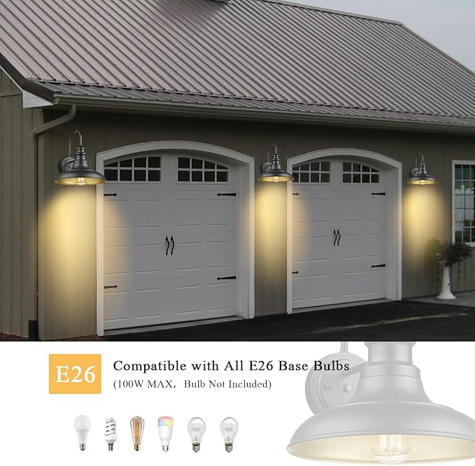 Dusk to Dawn Sensor Outdoor Barn Light Fixture, 12.3 Inch Dome Outdoor Wall Sconce Farmhouse Wall Mount Lights Exterior Gooseneck Light Fixture Black Finish Industrial Wall Lantern for Porch, 1Pack