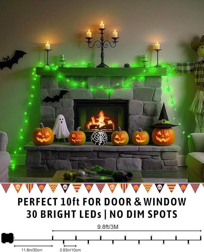 Halloween Lights Battery Operated, Green Fairy Lights with Timer Waterproof 9.8ft 30 LED Halloween Decorations for Outdoor Indoor Patio Home Party Garden Yard Decor 2 Packs