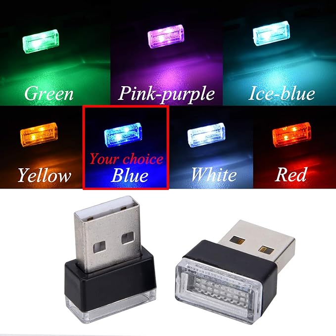 Febrytold 4Pcs Blue USB Car Interior Atmosphere Lamps, Universal Mini Led USB Lights for Car Decoration, Lighting