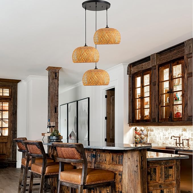 Rattan Chandelier Lighting 3-Light Wicker Pendant Light Bohemia Hand Woven Bamboo Shades Vintage Mid Century Pendant Lights for Kitchen Island Farmhouse Dining Table