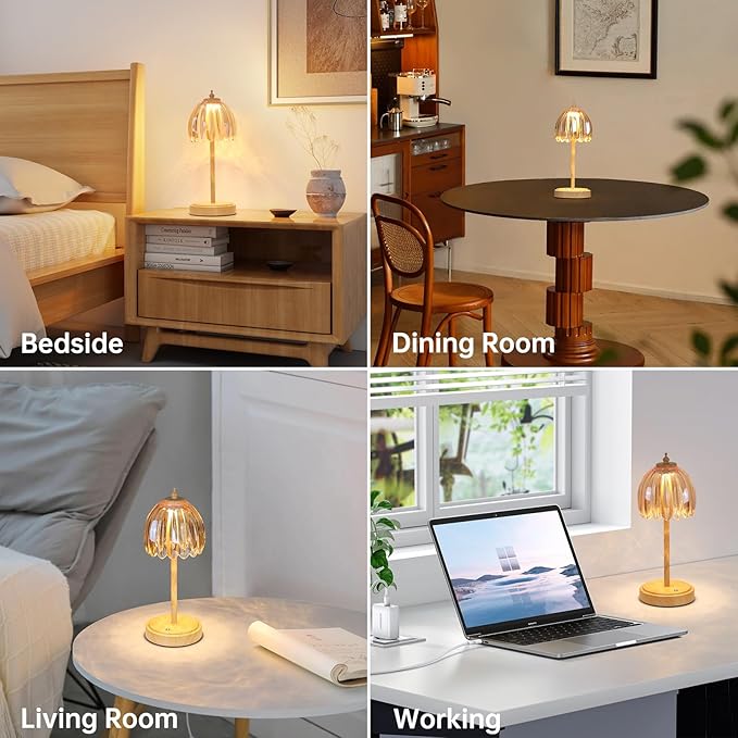 Tulip Table Lamp with 5200mAh Battery & Touch Control, Small Cordless Table Lamp with 3 Colors, Rechargeable Battery Operated Table Lamps for Bedroom, Desk, Bedside (Amber-Beech Color)