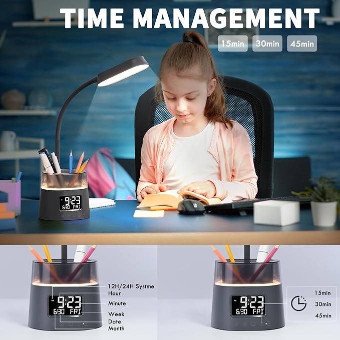 Led Desk Lamp for Home Office, Touch Table Lamp with Pen Holder, 3 Color Modes Stepless Dimmable Reading Light, Gooseneck Lamp for Dorm Room, Bedside Study Light with Clock for Kids, Girls, Boys