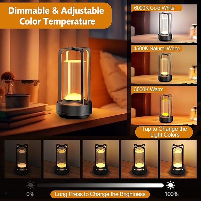 Portable Table Lamp for Outdoor Indoor: Cordless Rechargeable Desk Lamp with 3 Color Stepless Dimmable - Metal Battery Operated Lantern Light for Bedroom/Bar/Coffee Shop/Camping (Black)
