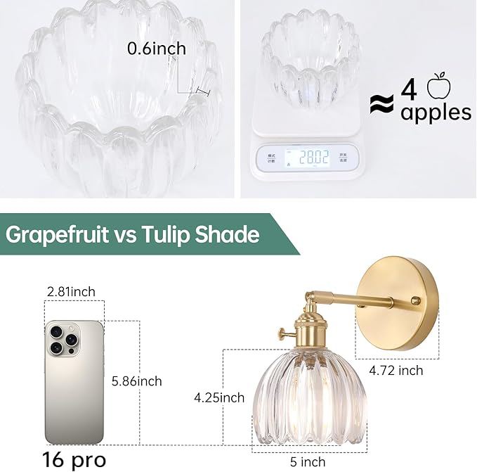 Vintage Wall Sconces Set of 2 with Cute Transparent Tulip Glass Lampshade 180 Degree Adjustable Brass Sconces Hradwired Modern Wall Lighting Fixture with Switch for Bedside Bedroom Doorway