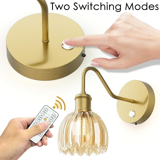 2 Pack Battery Powered Wall Sconce with Amber Tulip Glass Lampshade, Rechargeable Dimmable LED Wall Sconce for Living Room, Hallway, Bedroom, Dining Room