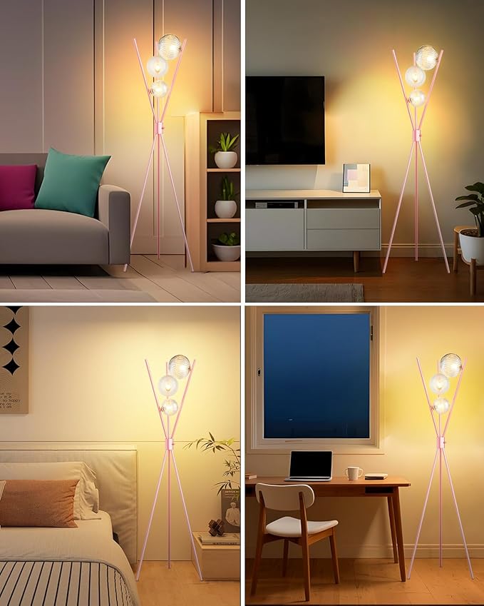 Lightdot Tripod Floor Lamp Dimmable Pink Standing Lamps with Globe Clear Glass Lampshade 3PCS 3000K Bulbs Included Mid Century Modern Floor Lamp for Living Room/Bedroom/Sofa Beside/Corner Decor