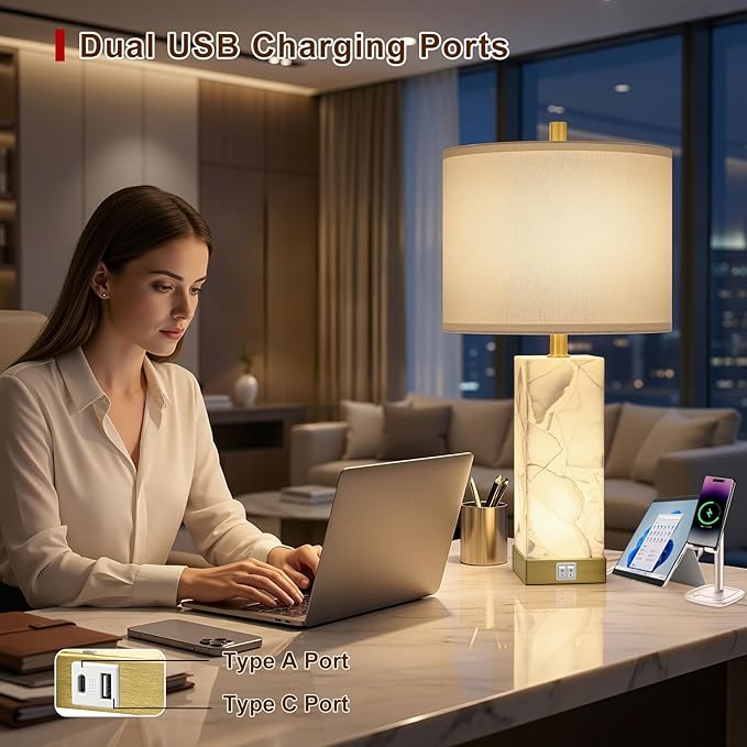 Scenekoy 23" Alabaster Table Lamps Set of 2 for Living Room Bedroom, Bedside Lamps with USB A+C Ports, Modern Table Lamp with Linen Shade for Living Room Bedroom Nightstand (Bulbs Included)
