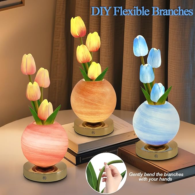 Tulip Table Lamp, Rechargeable Cordless Touch Dimming Artificial Tulip Flower Desk Lamp, LED Flower Bedside Night Light Romantic Gifts for Girl Women Mom (Blue)