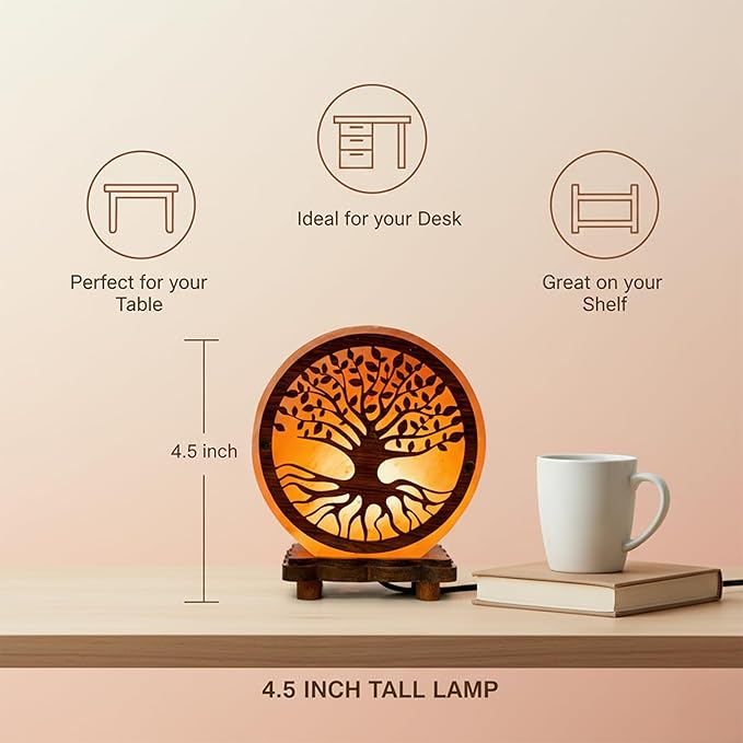 Himalayan Salt Lamp with Tree of Life Design – 4.5 Inch Hand-Carved, Wooden Base, for Home Décor, Meditation & Gifts