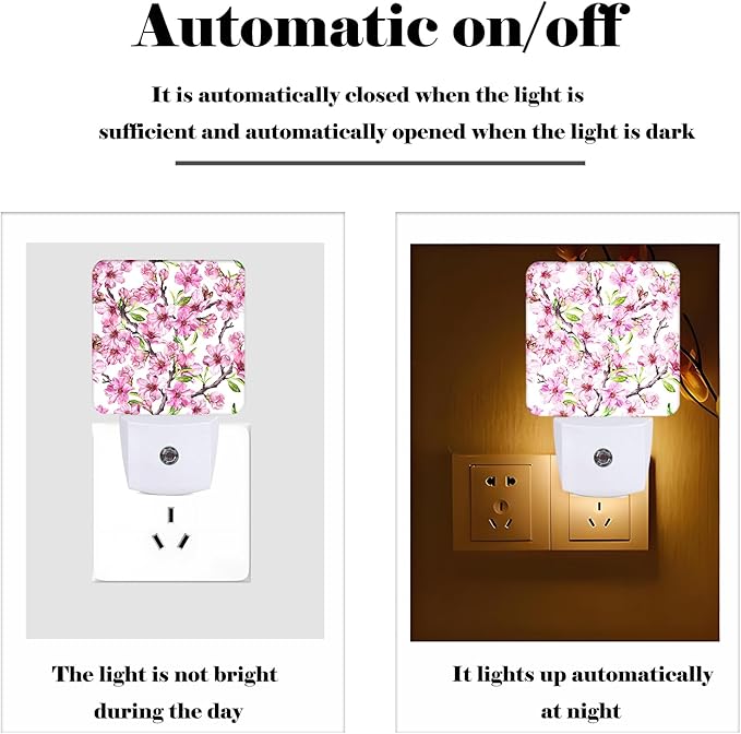 Spring Flowers Blossom Night Light,Plug Into Wall for Boys Girls Bedroom Decorative Square Night Light Lamp 0.5w Sleep Friendly