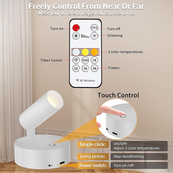Rechargeable LED Spotlight Indoor: Wireless Battery Operated Spotlight with Remote Control Small Picture Spot Light Accent Uplighting for Plant Artwork White