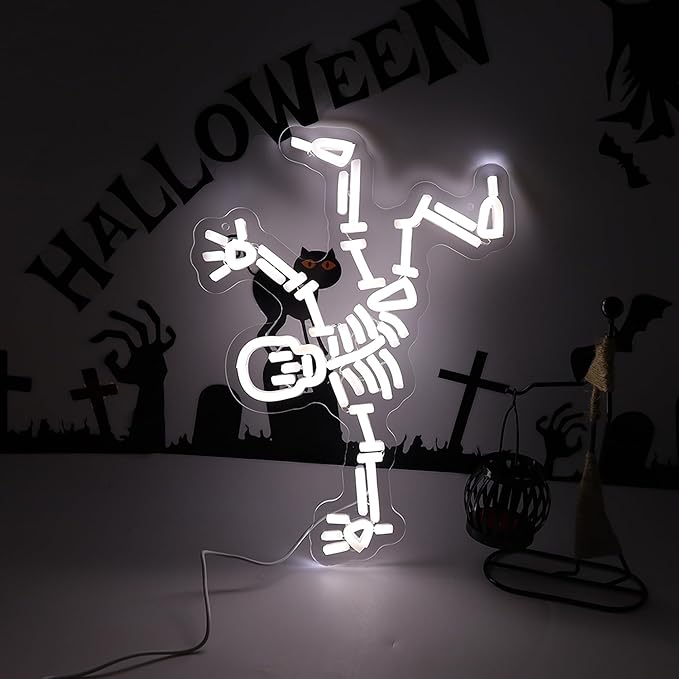 Dancing Skeleton Neon Sign for Halloween decorations - LED Skull Neon Light Up Sign for Wall Decor, Perfect for Man Cave Halloween Party Decor