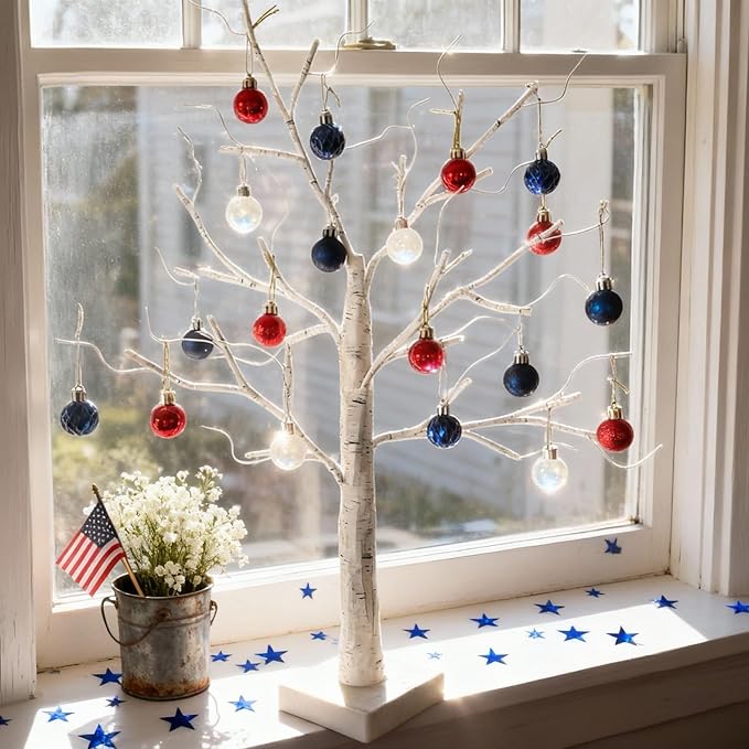 2-Pack Lighted Easter Spring Mothers Day Christmas Tree Decorations Indoor, 2ft Birch Tree with LED Lights, Small Tabletop Patriotic Valentines Day Tree with Lights,Battery- Powered