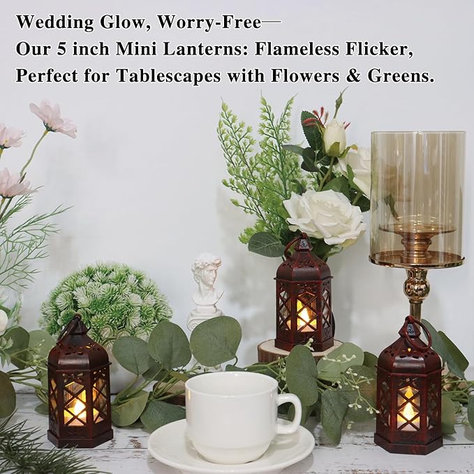 LLQ 8Pack Mini Lantern Decorative for Ramadan & Wedding, Small Vintage Moroccan Lantern with Flickering LED Candle for Halloween Table Centerpieces, Enchanted Forest Medieval Decor, Hanging Ornament