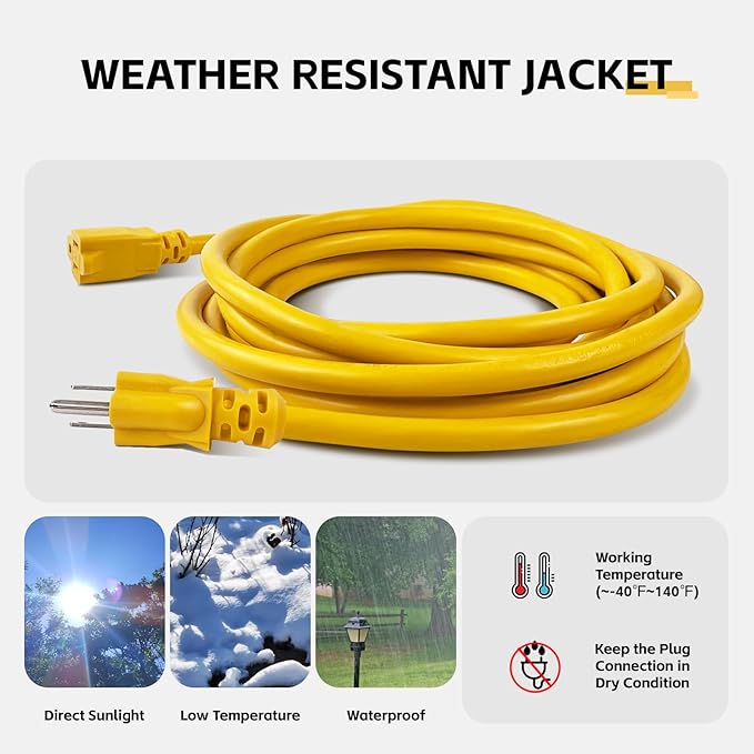 6 Ft Outdoor Extension Cord - 12/3 SJTW Heavy Duty Yellow Extension Cable with 3 Prong Grounded Plug - Power Cord for Lawn, Garden, Appliances