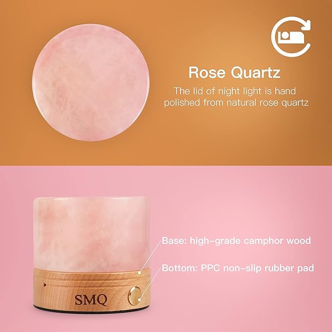 SMQ Rose Quartz Crystal Night Light with USB Charging Port,Handmade Healing Crystal Rechargeable LED Gemstone Lamp with Touch Sensor Light for Nursery Living Room,Shelf,Office