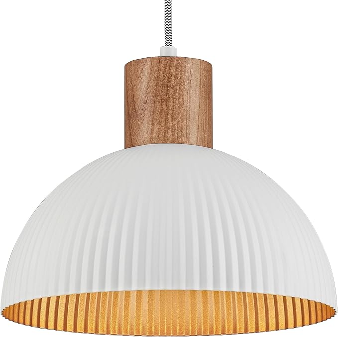 ELYONA Modern Ash Wood Pendant Light Fixtures 12" Hanging Lamp Nordic White Metal & Gold Inner Finish Boho Pendant Light for Farmhouse Kitchen Island Dining Room Bedroom Living Room Hallway